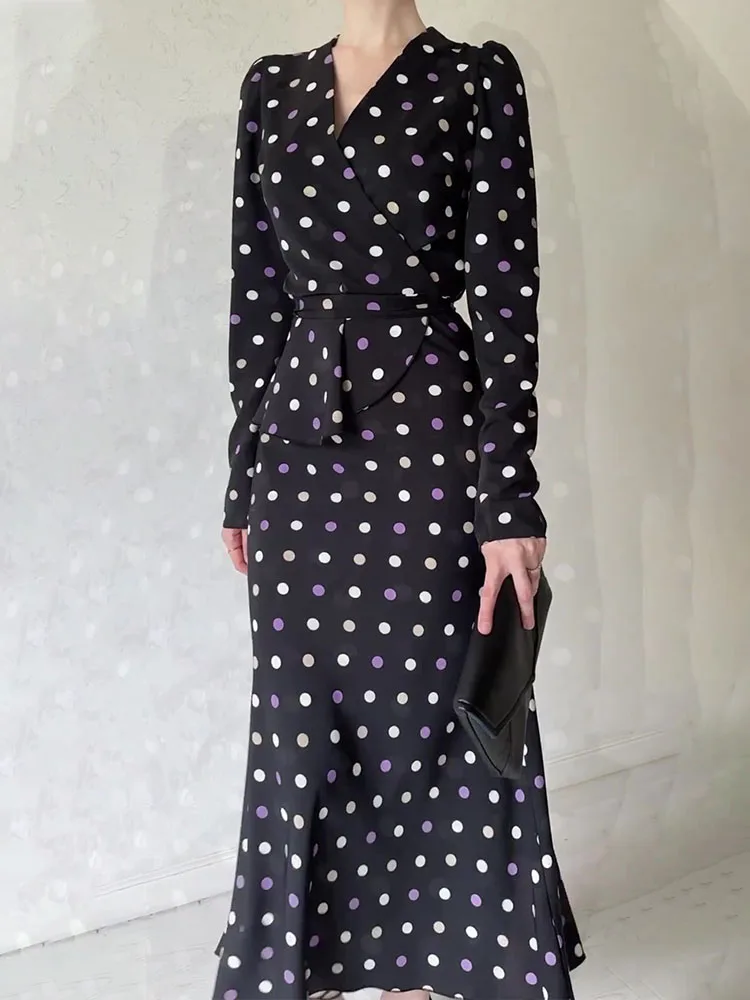 Polka Dot Long Dresses Women French Elegant Vintage Hip Wrap Dress Ladies Autumn Long Sleeve V Neck Slim Lace Up Maxi Dresses