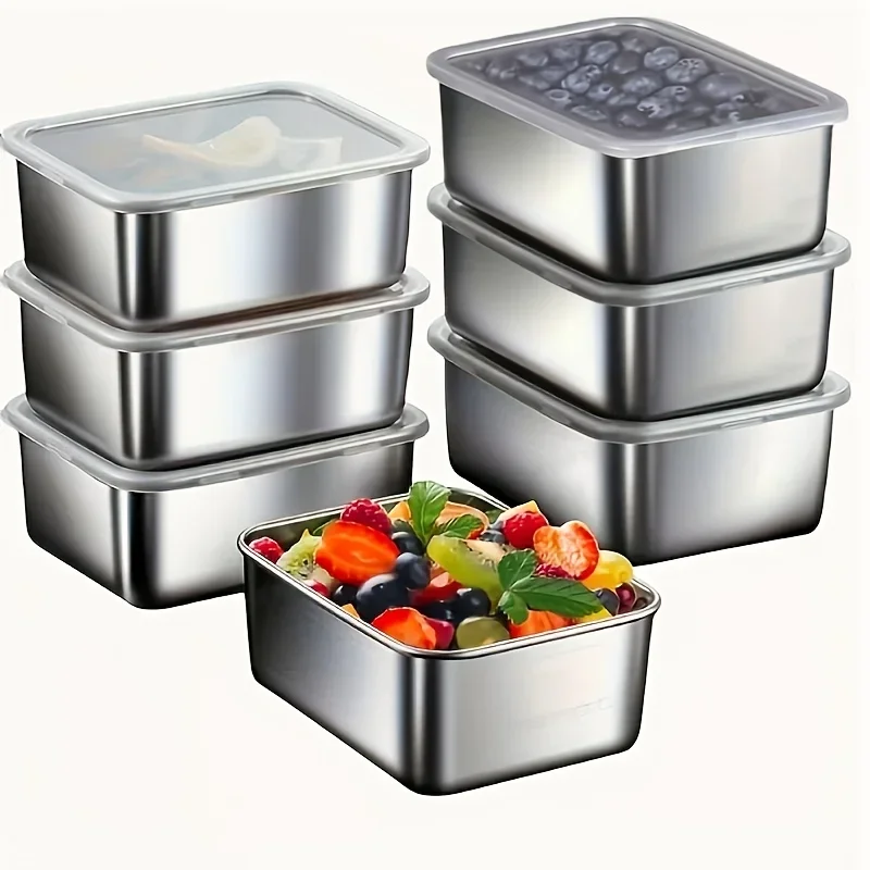 

7Pcs Stainless Steel Food Storage Containers Set Leakproof Flip Top Lid Stackable for Camping Office School Kitchen Space Saving