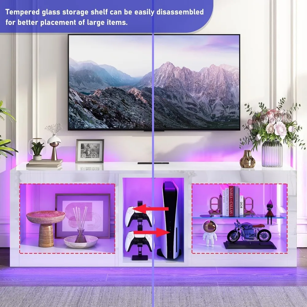 حامل تلفزيون LED مع مخرج طاقة لتلفزيون 65 70 بوصة، 63 مركز ترفيه حديث مع ضوء 7000 لون لوحدة تحكم تلفزيون عالي اللمعان P S 5