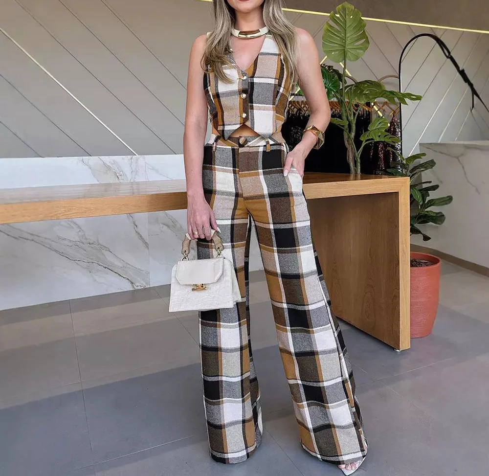 Casual Two Piece Set for Women Summer 2024 New Checkered Sleeveless Vest and Straight Leg Pants Suit for Female Streetwear