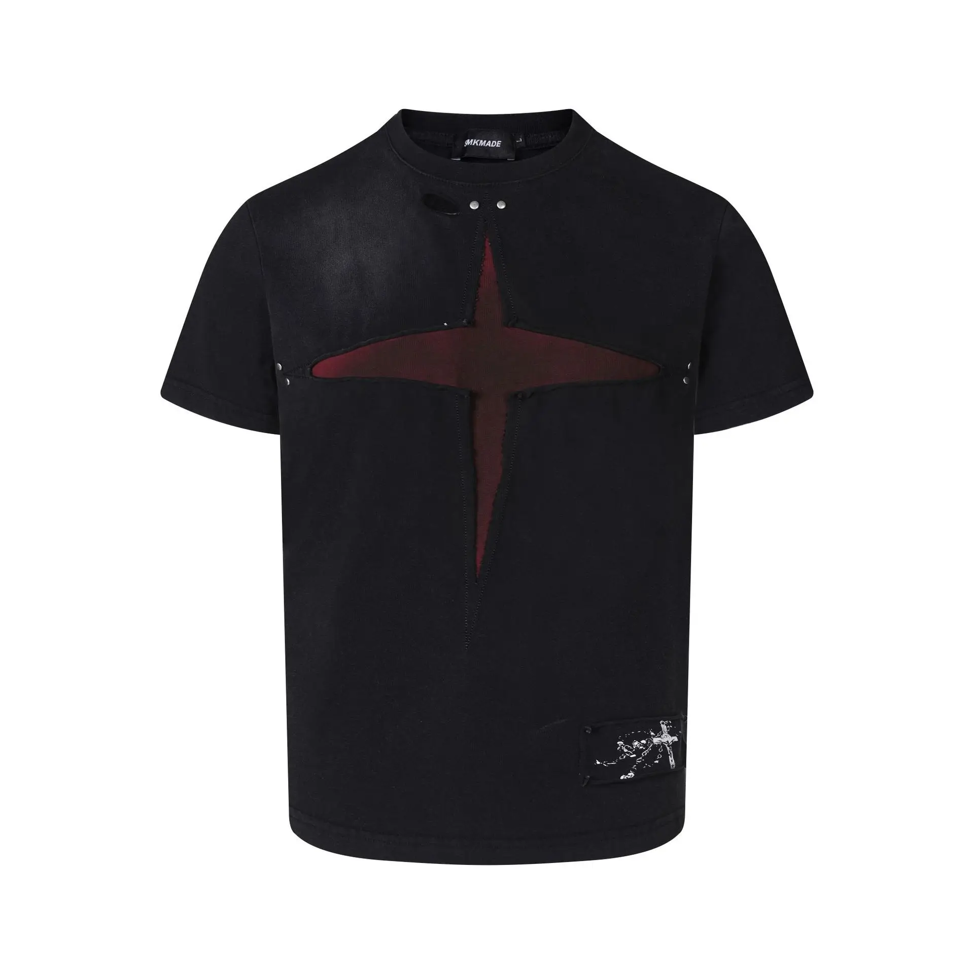 Men's Fashion High Street Ripped T Shirts Streetwear Patched Short Sleeve Tees With Patchwork Distressed Summer Tops