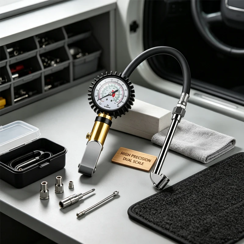 Wear-resistant Thickened Hose Dual Scale Tyre Pressure Gauge, 220PSI High Precision Stable Manual Air Meter for Car