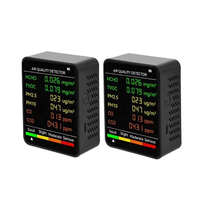 2PCS 6 In 1 PM2.5 PM10 HCHO TVOC CO CO2 Air Quality Detector CO CO2 Formaldehyde Monitor ,Black