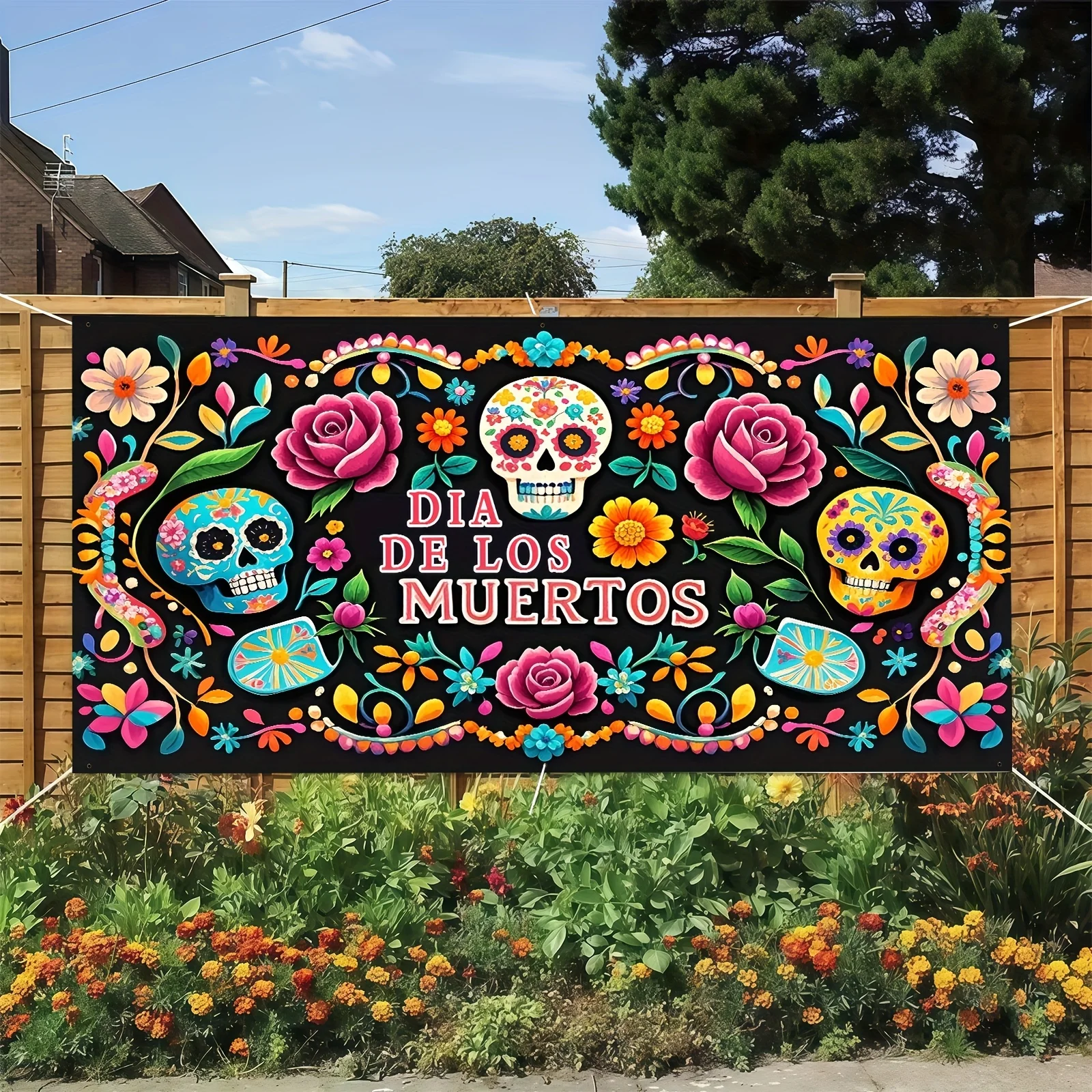 Banner de fiesta Dead Day: Esqueletos de azúcar vibrantes, lirios florales y diseños culturales tradicionales mexicanos, decoraciones Dead Day