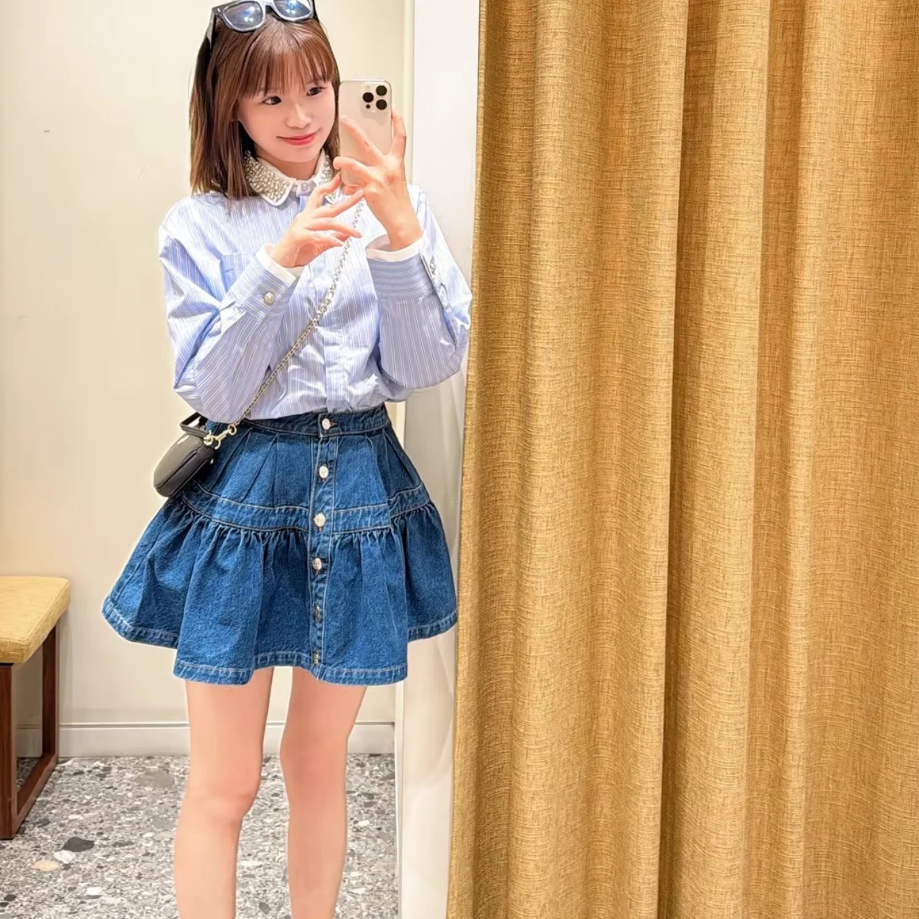 Fashionable Sweet Detachable Pearl Rhinestone Decorated Doll Collar Striped Shirt Top Spring Summer New Arrival Women's Clothing