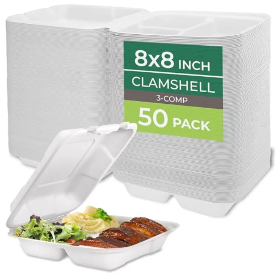 

Compostable Clamshell Food Containers [] 3-Compartment 50-Pack, ss trs, r Sur t s - r trs - rwv rzr S, St
