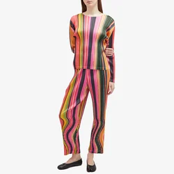 YUDX Vibrant Striped Miyake Pleated Top & Straight Leg Pants Lightweight Wrinkle-Resistant Loose Fit Women's Casual Co-ords