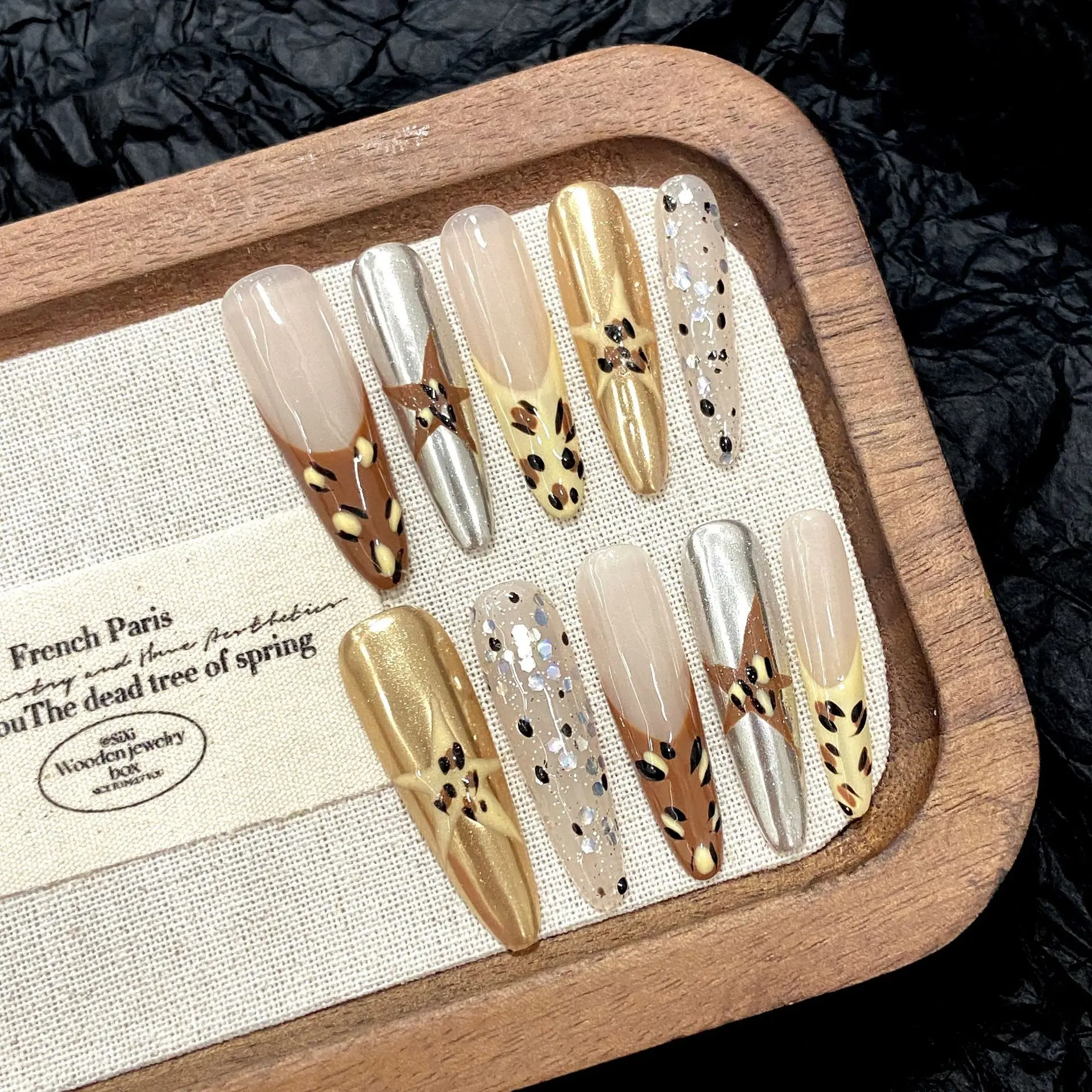 

10pcs Vintage Leopard Print French Press On Nails Y2k Magic Mirror Dark Brown Handmade Fake Nails Flash Sequins False Nail Tips