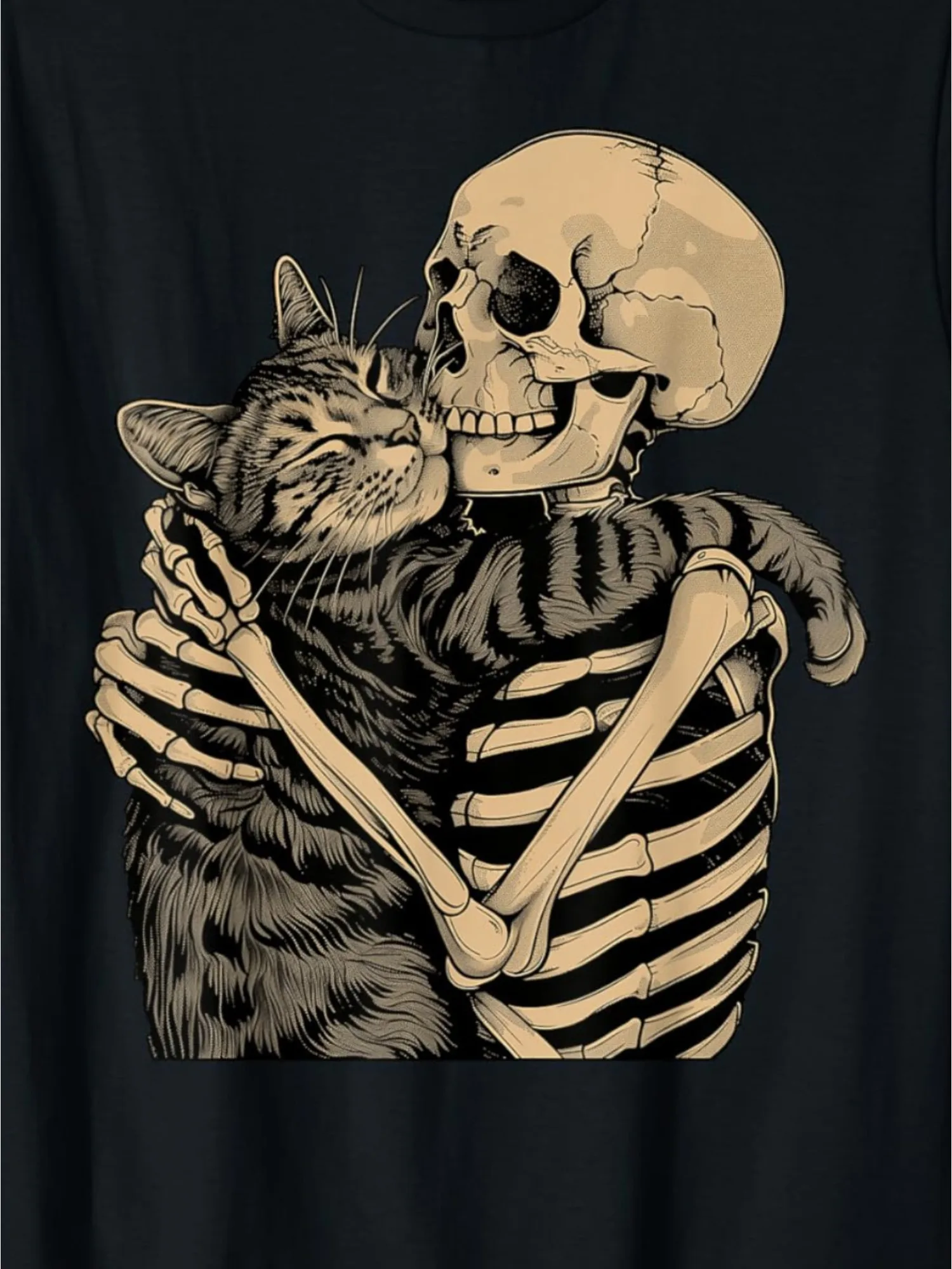 Men'S Skeleton Hugging Cat Graphic T-Shirt Crew Neck Tee Casual Printed Top wc ith Slight Stretch Perfect for Cat Lovers