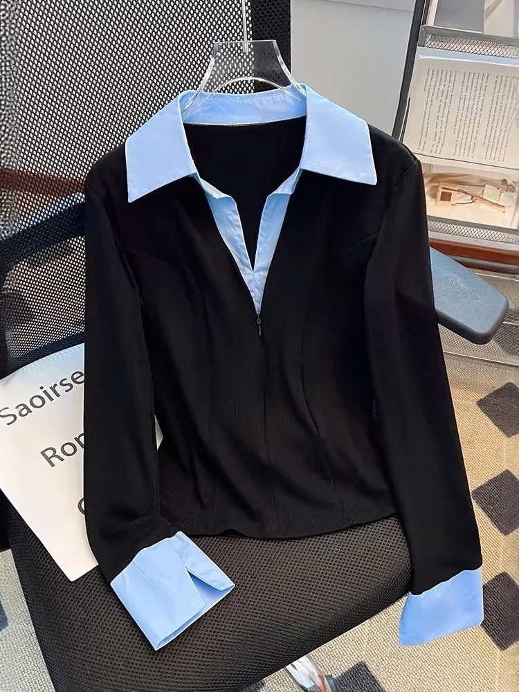 

Women's Long Sleeve V-Neck Collar Fake Two-Piece Shirt Trendy Small Size Autumn Top Design Sensation Warmth Commute Style