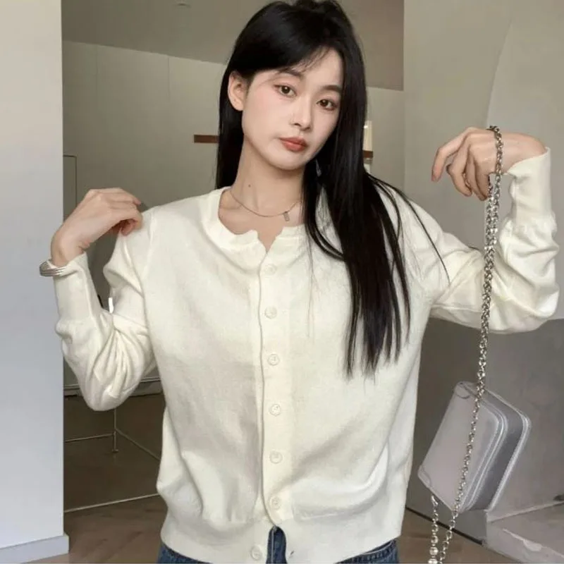 

Вязаный свитер, женские кардиганы, новый белый вязаный свитер с длинным рукавом и круглым вырезом, кардиган, женские топы, трикотажные изделия Sueters De Mujer Q1580