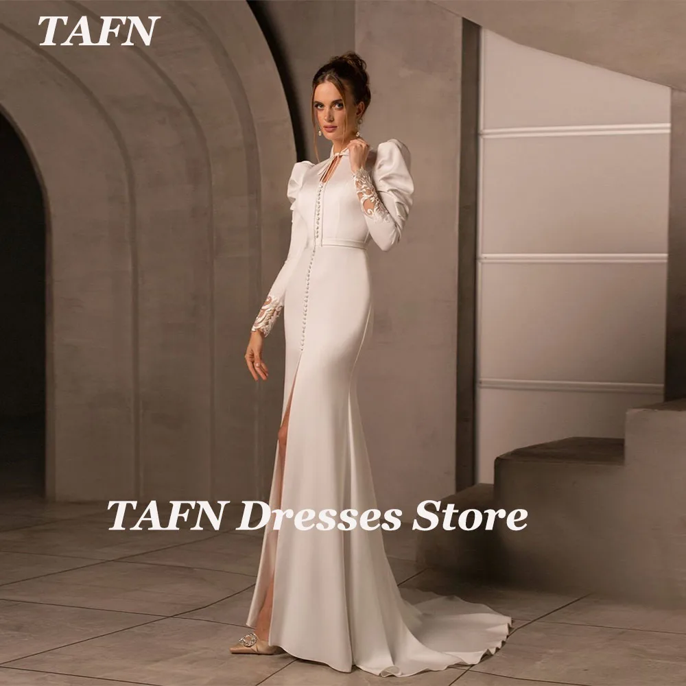 

TAFN Civil Elegant Wedding Dresses Court Train High Slit Mermaid Bridal Gown Illusion Lace Buttons Pearls vestidos de novia