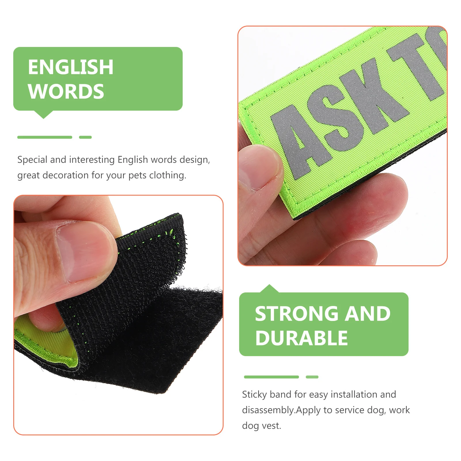 

4Pcs Decorative Dog Vest Patches Creative English Words Design Outdoor Activity Accessories Durable Practical Dog Patches