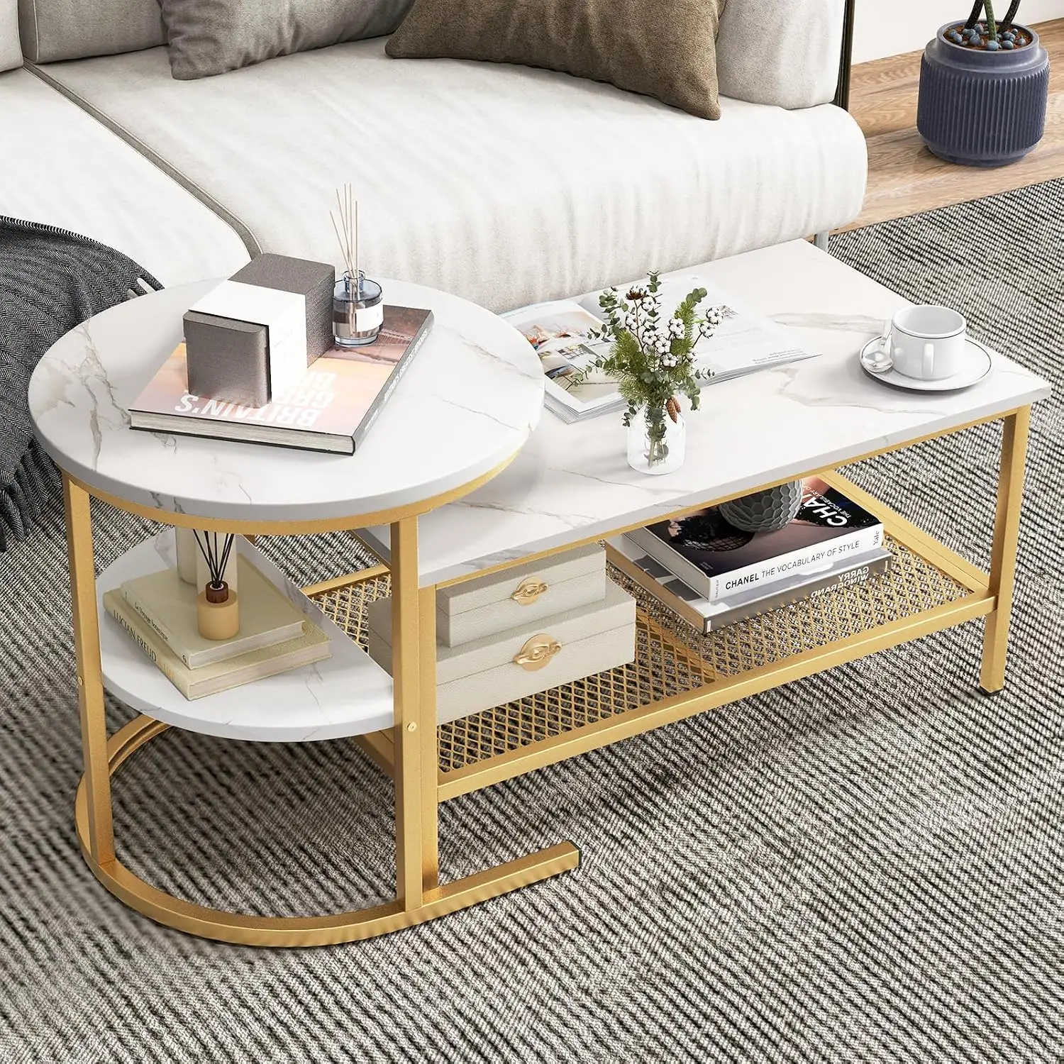 Nesting Coffee Table Set of 2 Faux Marble Pattern Metal Frame Modern Living Room Side Table, Customized