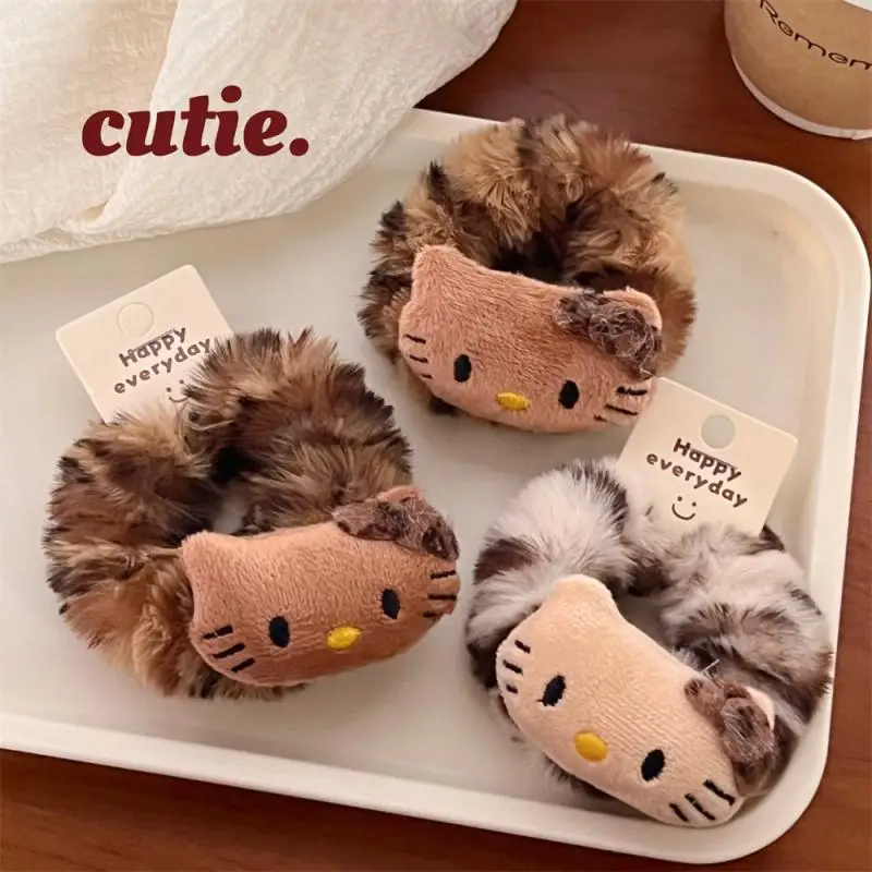 Sanrio Hello Kitty Leopard Print 새끼 고양이 헤어 루프 귀여운 플러시 헤어 로프 고탄성 헤어 액세서리 소녀를위한 생일 선물