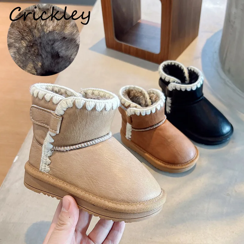 

Снежные ботинки с однотонной каймой для девочек и мальчиков, зимние детские ботинки из искусственной кожи с крючками и петлями, плюшевые теплые толстые нескользящие детские ботильоны для малышей