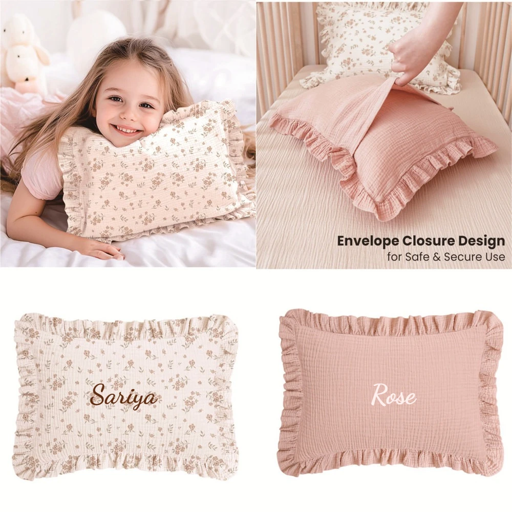 Almohada personalizada con estampado Floral de volantes de muselina de hilo de algodón de estilo nórdico con nombre de bebé, almohada personalizada transpirable y agradable para la piel