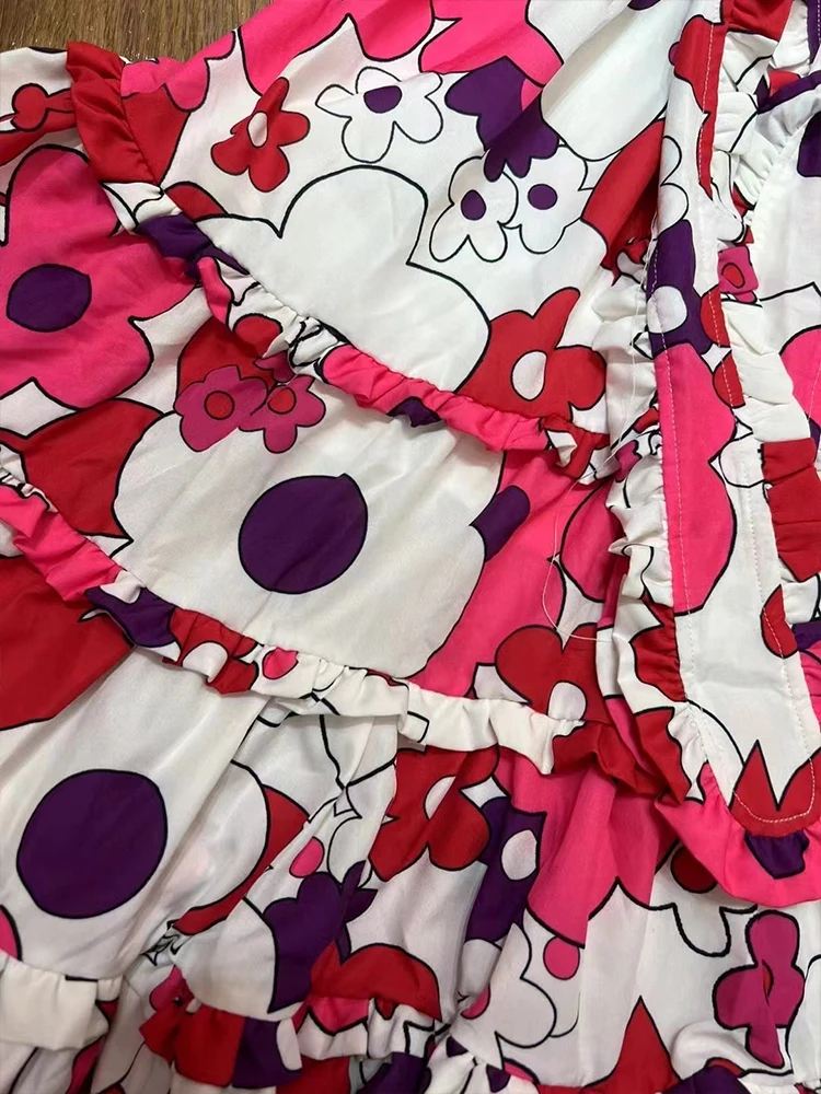 Retro Luxus Sommer Frauen neues Design Druck V-Ausschnitt kurz ärmel ige Schnür Taille Kleid Nähte Holz Ohr Schaukel Minirock.