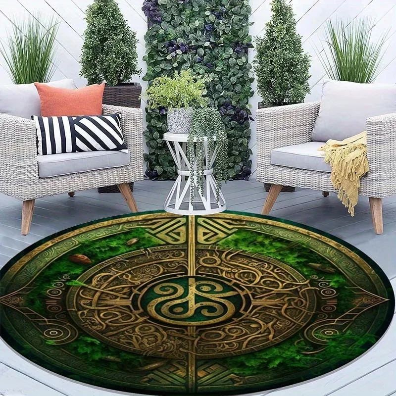 Celtic Knot Green Forest Round Crystal Velvet Rug Nordic Mythical Symbol Home Decor Artistic Floor Mat for Living Room
