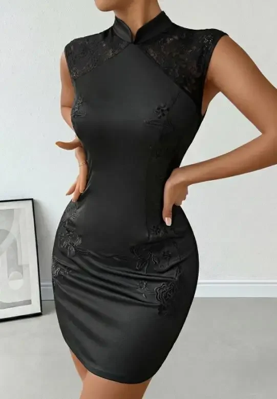 

Summer 3D Embroidery New Chinese Style Sleeveless Stand Collar Lace Patchwork Dress Temperament Women's Fashion Sexy Dresses