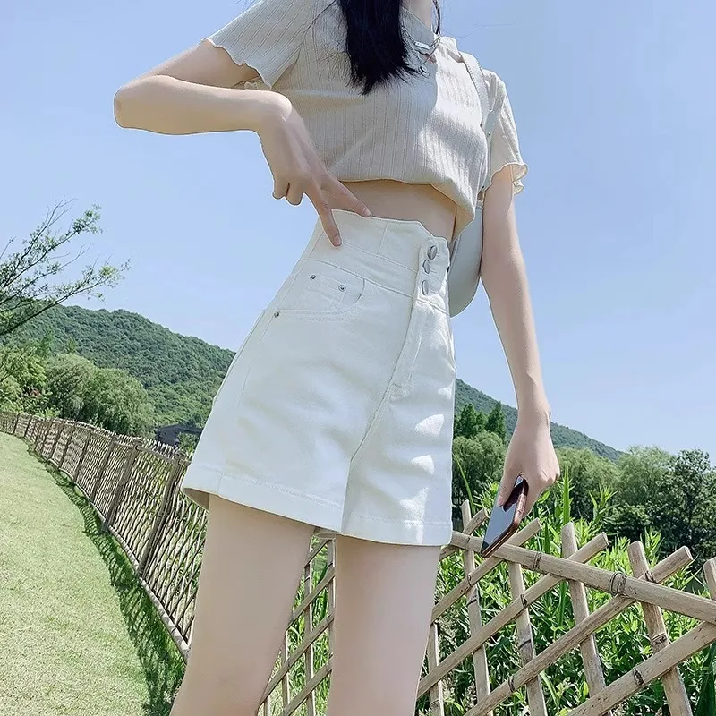 

Embroidered White High Waist Denim Shorts Women's Thin Loose Slimming Tummy Covering Buttoned Sexy A-Line Hot Pants Summer