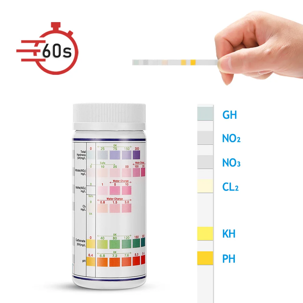 30/100 Uds 6 en 1 tiras reactivas para acuario kits de prueba de agua agua dulce agua salada hogar amoniaco nitrógeno nitrita herramienta de prueba de pH