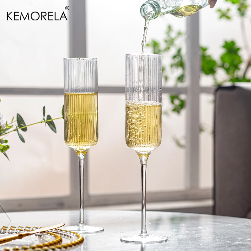 8PCS 150ML Ribbed Champagne Flutes Clear Champagne Glasses Classic Sparkling Prosecco Toasting Glass for Bar Wedding Restauran