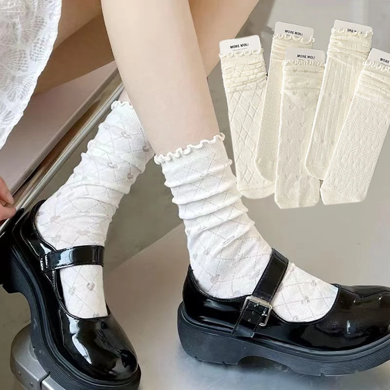 

Lace Ruffled Socks Women Girls Harajuku Middle Tube Sock Love Mesh Princess Streetwears Sweet Lolita Sox Summer Thin Hosiery