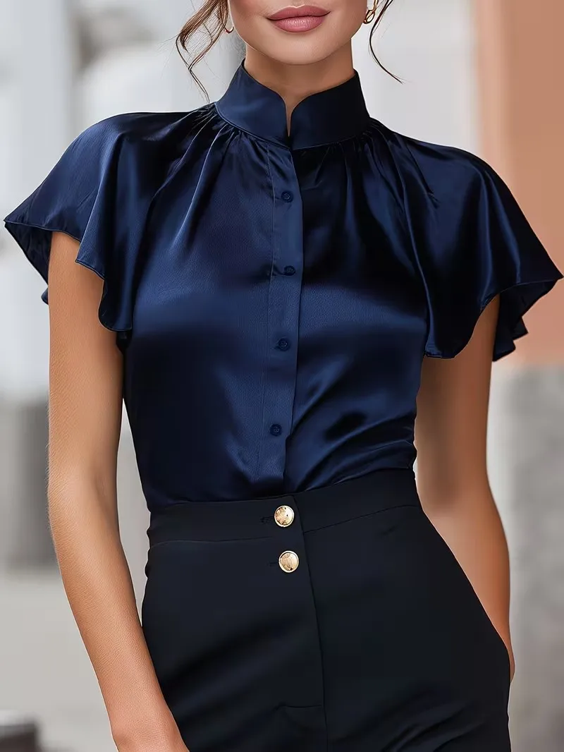 

Beautiful Women's Blouses and Shirts 2026 Summer Butterfly Ruffles Short Sleeve Blouse Elegant White Office Lady Shirt Tops