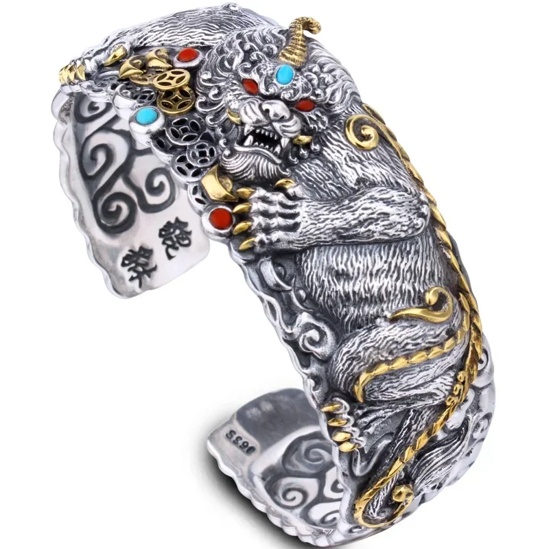 Sterling Heren Brede Klassieke Mode Dominante Pixiu Armband Om Rijkdom Aan Te Trekken Persoonlijkheid Retro Chinese Stijl