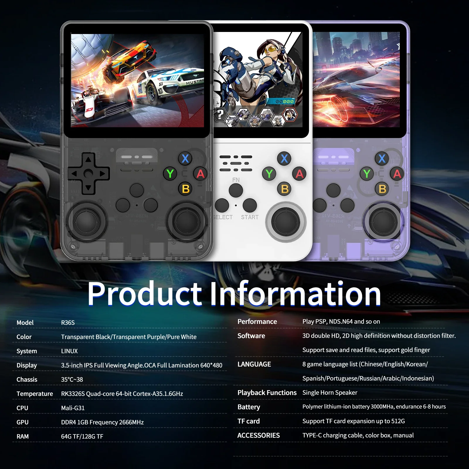 Open Source R36S Handheld Game Console 3.5 Inch 640*480 IPS OCA Screen RK3326 Chip 64G 128G 3200mAh Portable Pocket Game Player