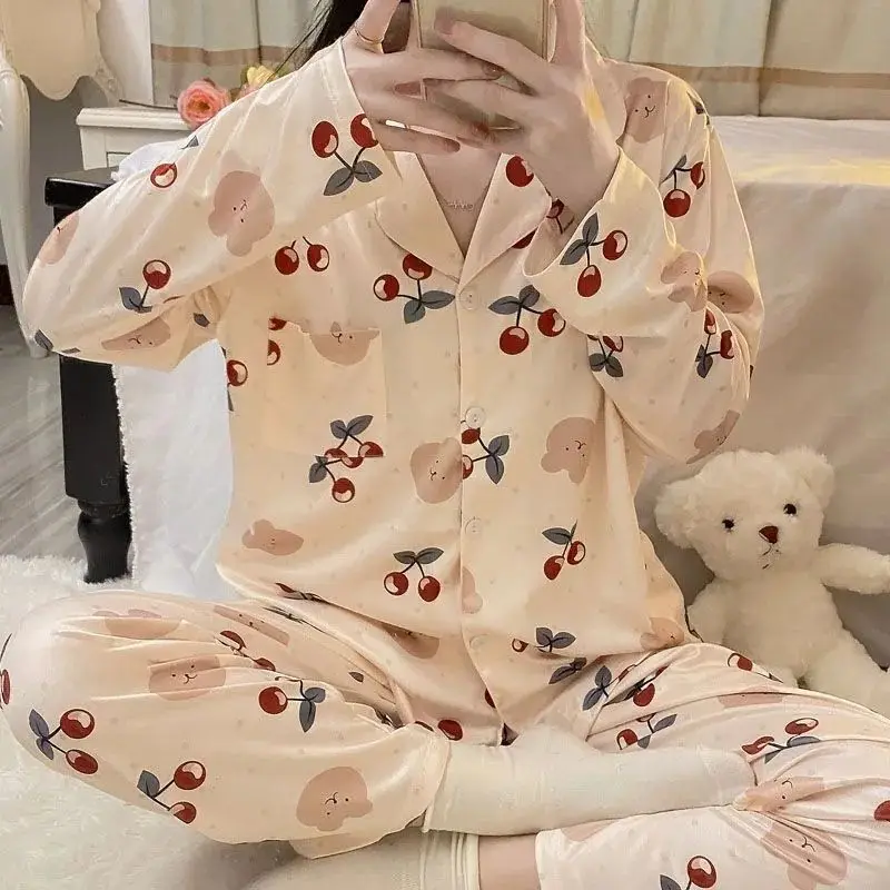 Women Spring Autumn Pajamas New Cotton Pyjamas Sweet Long Sleeved Nightdress Loose Comfortable Home Wear Lapel Print Sleepwear