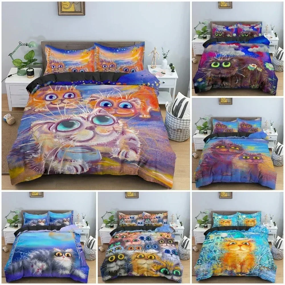 

Watercolor Cartoon Cat Pattern Quilt Cover Bedding Set Bedroom Decor Duvet Covers Pillowcase King Twin Single Bedclothes