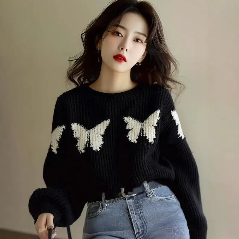 Women Butterfly Print Knit Sweater Korean Style Aesthetic Loose Pullover Fall Casual Student Tops