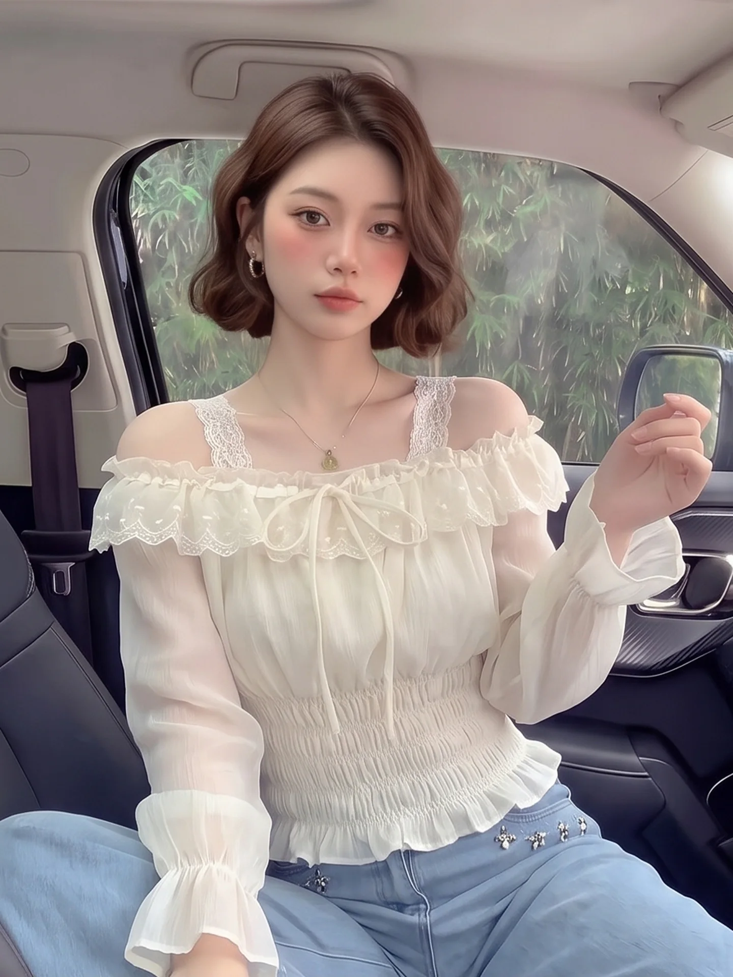 Stunning Lace Strap Short Sleeve Long Sleeve Women's Shirt Early Autumn New Waist Slimming Short Style Small Top French Style