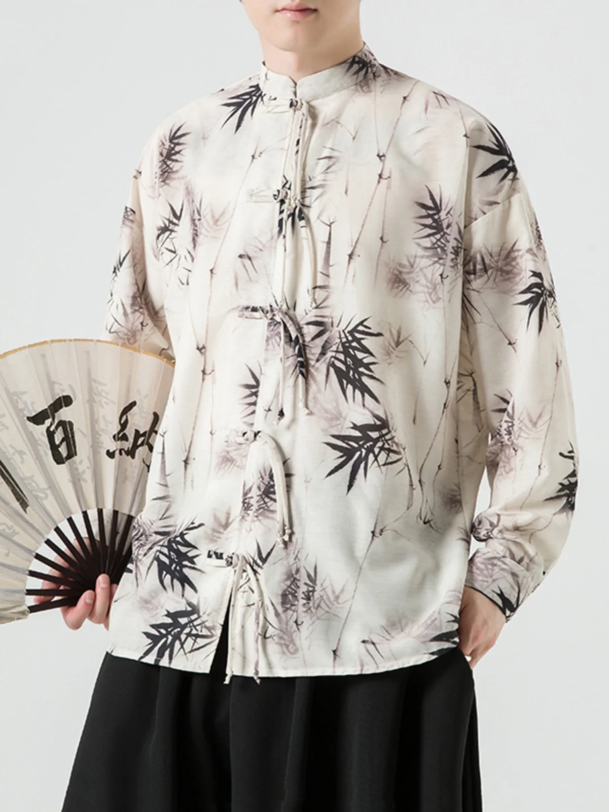 

New Chinese Style Long Sleeve Men's Shirt Bamboo Watercolor Resistant Spring Autumn Fashion Tang Costume Improved Hanfu Butto...