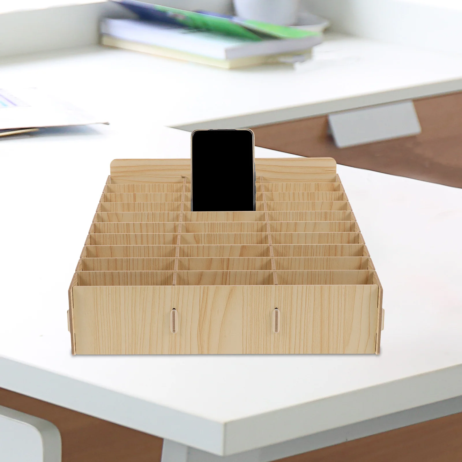 Multifunctional Wooden Mobile Storage Box Desktop Organizer Compartments Cables Documents Classroom Use Compact Portable Design