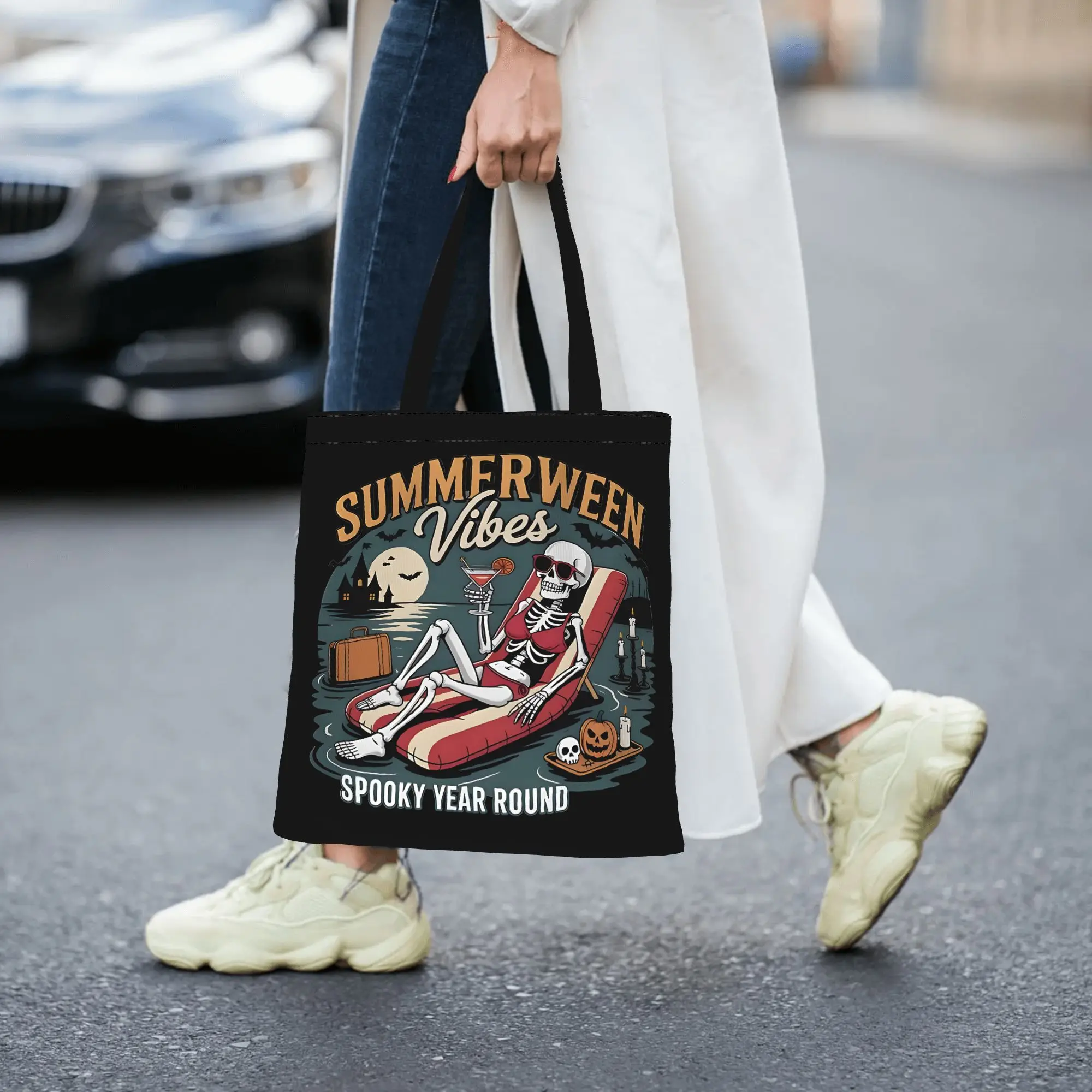 Summerween Vibes Spooky Bikini Skeleton canvas tote bag,  urban style for daily shopping and casual outings