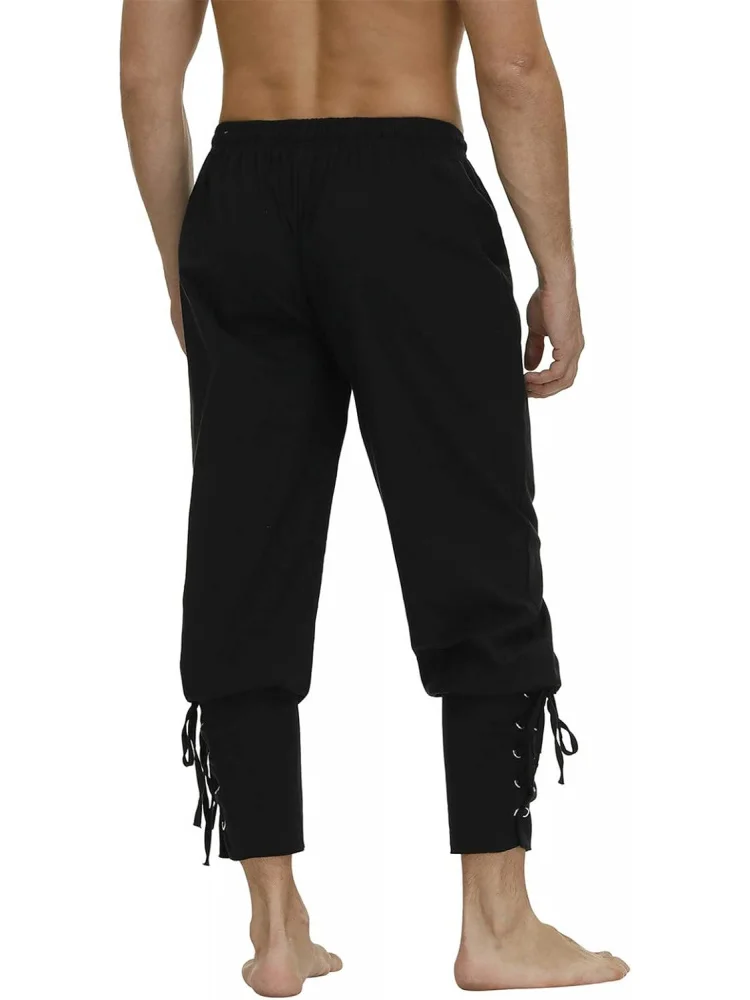 Men's Ankle Banded Cuff Renaissance Pants Medieval Viking Navigator Trousers Pirate Cosplay Costume with Drawstrings