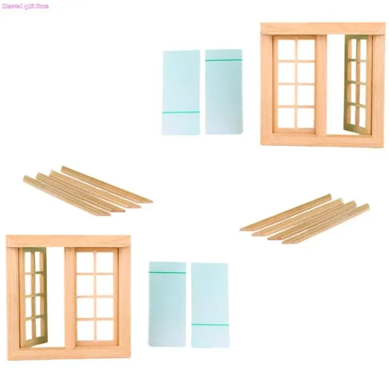 D0JC 未完成木製両開き窓アセンブリキット 2 個ドールハウスディスプレイ用