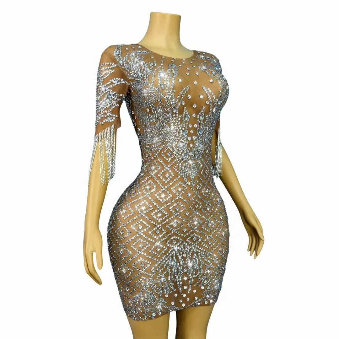 فستان سهرة نسائي أنيق من Shuicaosi فضي الماس ومنظور شبكي نصف كم فستان شرابة لأعياد الميلاد وحفلات الكوكتيل