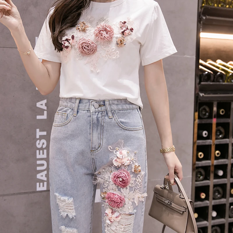 Ladies Flower Embroidery Casual Ripped Jeans for Women Clothing Girls Fashion High Waisted Denim Pants Female Clothes PAX1025