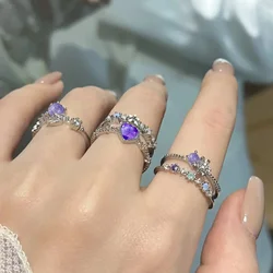 3 Pcs/set Y2K Purple Color Heart Zircon Rings for Women Fashion Retro Gothic Shiny Queen Ring 2024 Hot Party Gifts Lucky Jewelry