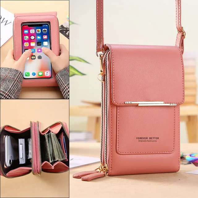 Modna torebka damska torebka damska z miękkiej skóry małe portfele z ekranem dotykowym saszetka na telefon komórkowy torba na ramię Crossbody