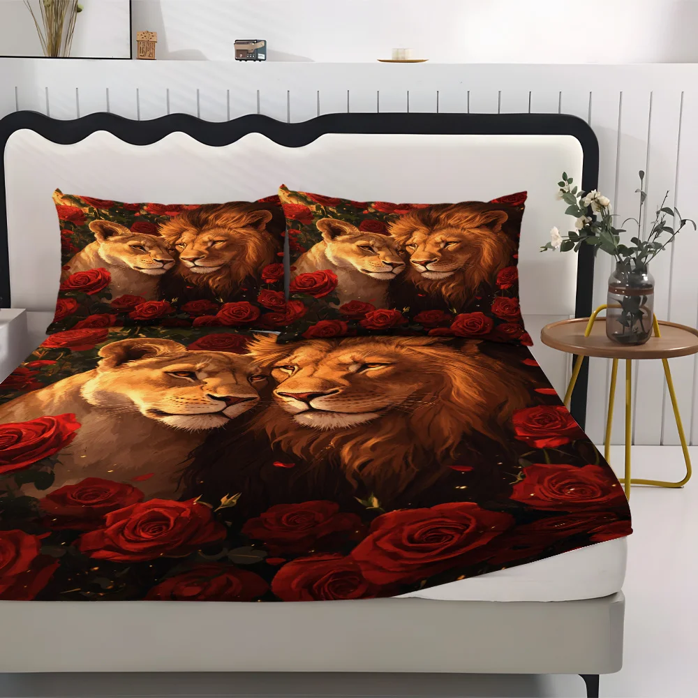 Romantic Lion & Rose Fitted Sheet Set 3pcs Red Rose Mattress Protector (1* Sheet + 2* Pillowcases, Coreless), Soft Comfort Sheet