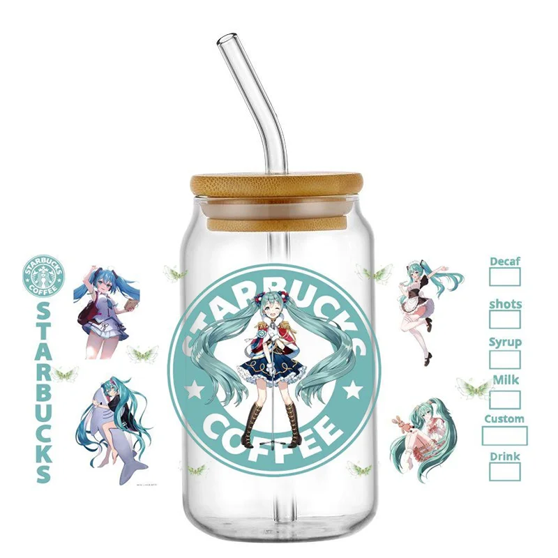 Miniso Cartoon 3D UV DTF Wraps Transfer Sticker DIY for 16oz Libbey Glass Cup Waterproof Wrap Mikuo Transfers Sticker Coffee Cup