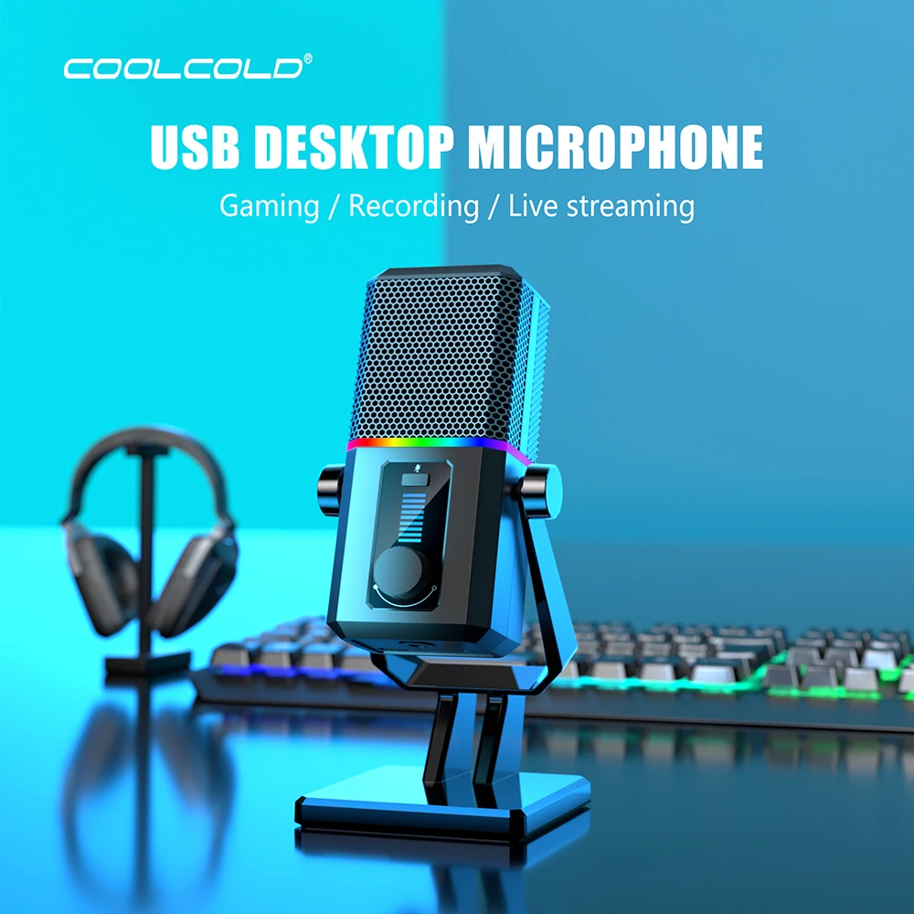 

USB-микрофон COOLCOLD Condenser RGB HK2 для компьютера, игр, стриминга, записи и подкастов - с ИИ-шумоподавлением и кардиоидной диаграммой направленности