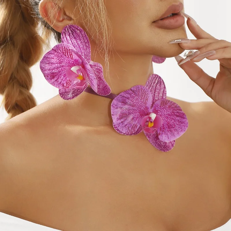 New Rural Style Simulation Butterfly Orchid Flower Earrings for Women Sweet and Exaggerated Vacation Style Floral Necklace