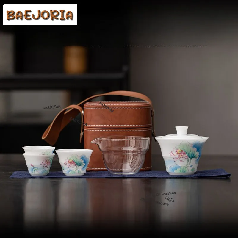 BAEJORIA Ice Seed Jade Porcelain Lotus Charm Travel Tea Set Kit Zen 1 Pot 3 Cups Household Tea Making Organizer Portable Camping