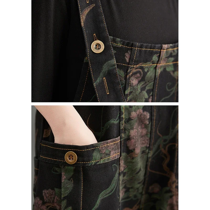 خمر طباعة الأزهار الأسود الدنيم المرأة بذلة الشارع الشهير المتضخم دنغري فضفاض واسعة الساق الجينز وزرة البضائع السراويل الفضفاضة